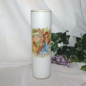 Vintage White Satin Glass Vase Signed Foster Boy Girl Children Bohemian